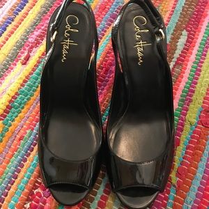 Cole Haan Patent Leather Peep-Toe Slingback Pumps